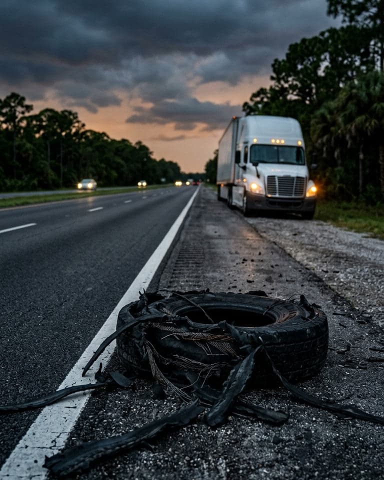 A blown semi truck tire on the side of the highway