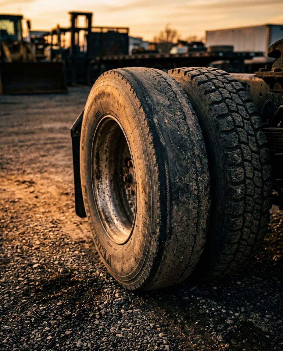 A semi truck tire worn down on one side